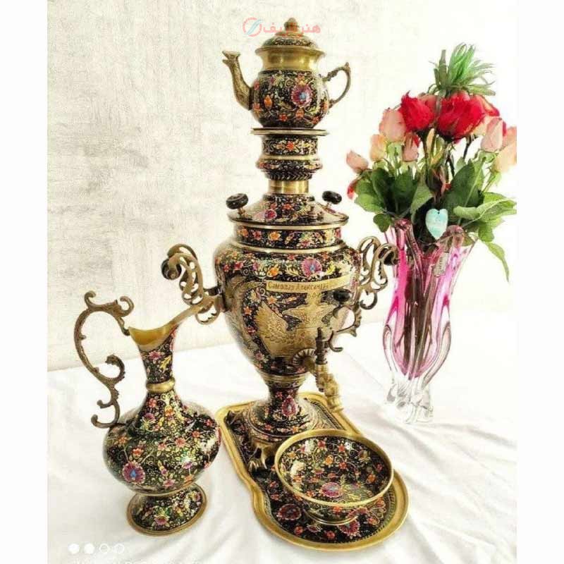 سرویس سماور زغالی برنجی 7 لیتری زغالی میناکاری با روکش پلی استر - هنرظریف