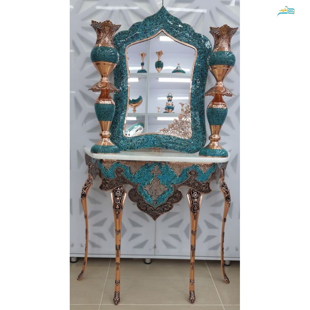 ست آینه و لاله و میز کنسول فیروزه‌کوبی و قلم‌زنی پرنسا