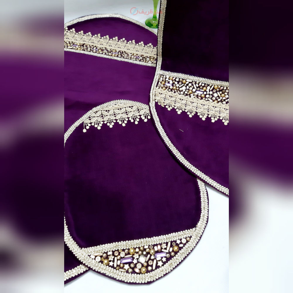 ست سه تکه رومیزی مخمل سنگ دوزی بنفش جلو مبلی و دو عسلی