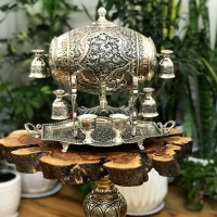 خرید بشکه شربت خوری برنجی قلمزنی سیاه قلم طرح گیلاسی آبکاری نقره | هنرظریف