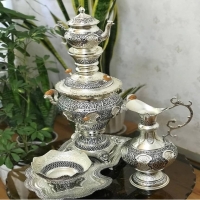 خرید سرویس سماور زغالی برنجی ۵ لیتری آبکاری نقره کوره ای ۶۶ سانتی | هنرظریف