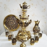 خرید سرویس سماور زغالی ۳ لیتری توپی دسته توری طرح گل و مرغ | هنرظریف