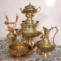 خرید سرویس سماور زغالی برنجی ۶ لیتری قلمزنی گل و مرغ و اسلیمی | هنرظریف