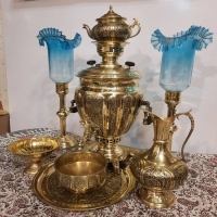خرید سرویس سماور قلمزنی زغالی برنجی ۷ لیتری سنگین وزن قلم گلابی | هنرظریف