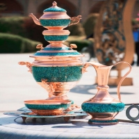 قیمت، مشخصات و خرید سرویس 5 تکه سماور مسی فیروزه کوبی دکوری - هنرظریف